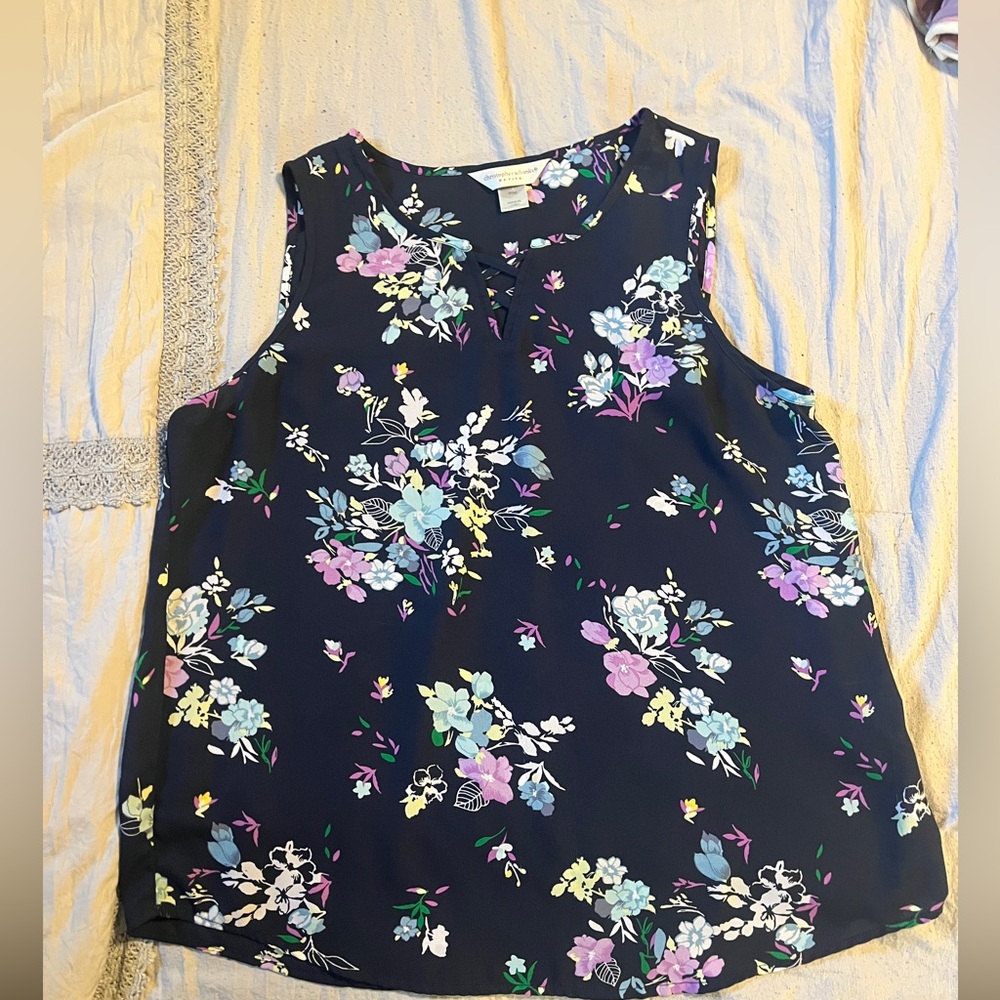Christopher & Banks Floral Sleeveless Blouse - Navy and Pastel